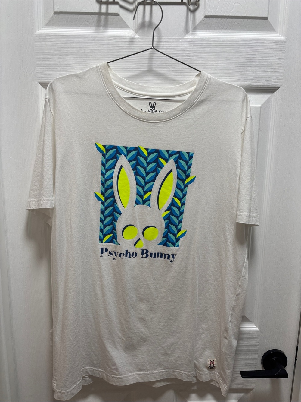 Psycho Bunny White Short-Sleeve Tee with Blue and Neon Yellow Graphic